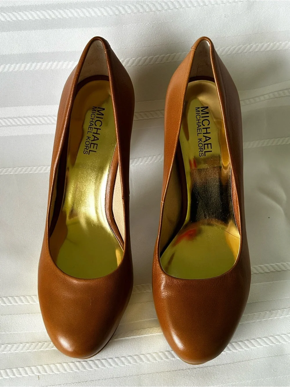 Michael Kors Womens 7 Brown Nappa Leather High Heel Pumps Gold Accents In Box